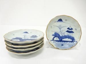 古伊万里　染付　山水　五寸皿　5客揃